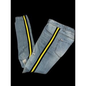 Men's Serenede Distressed Designer Black Yellow Stripe Skinny Jeans Sz W34xL33